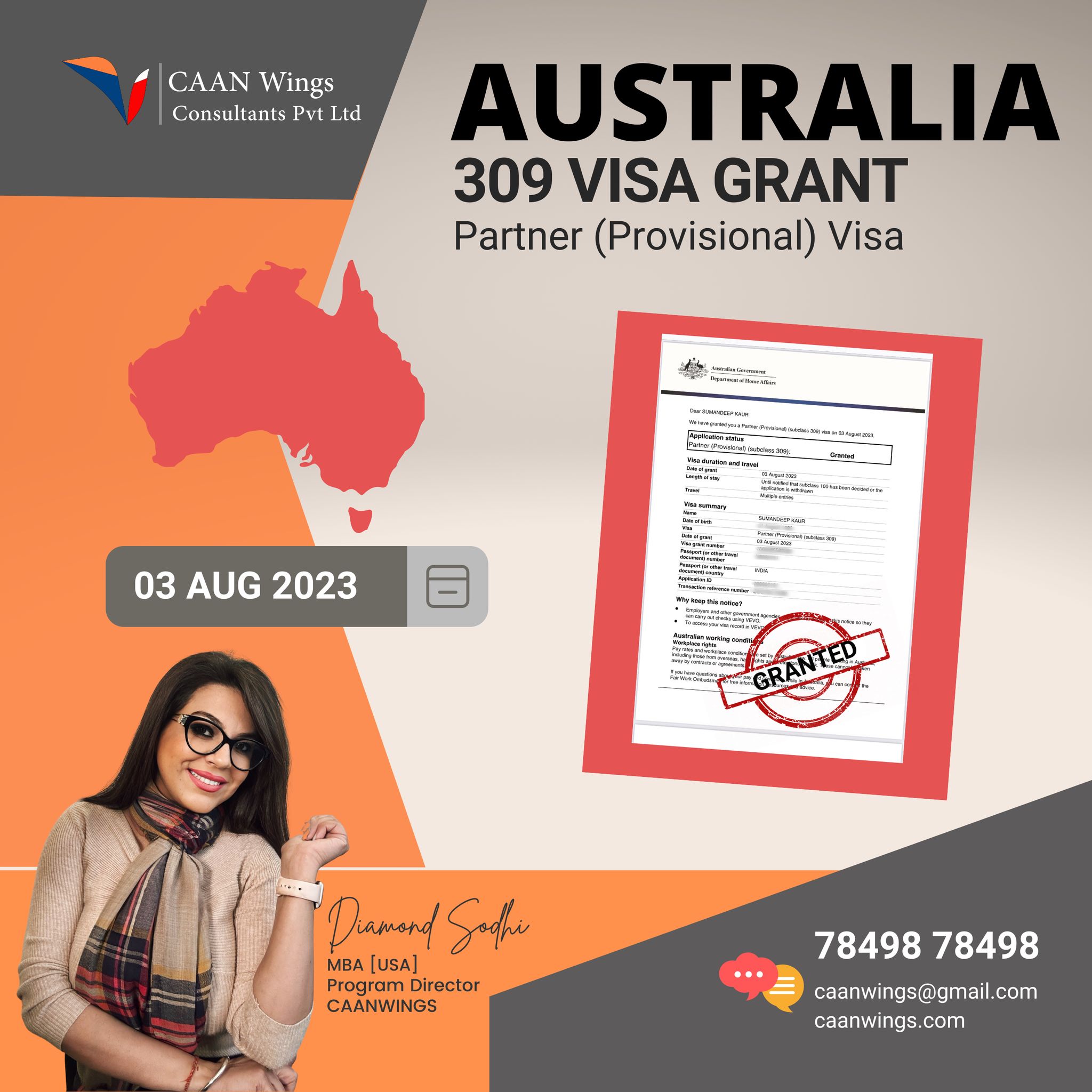 AUSTRALIA 309 Partner Provisional Visa Grant CAAN Wings 